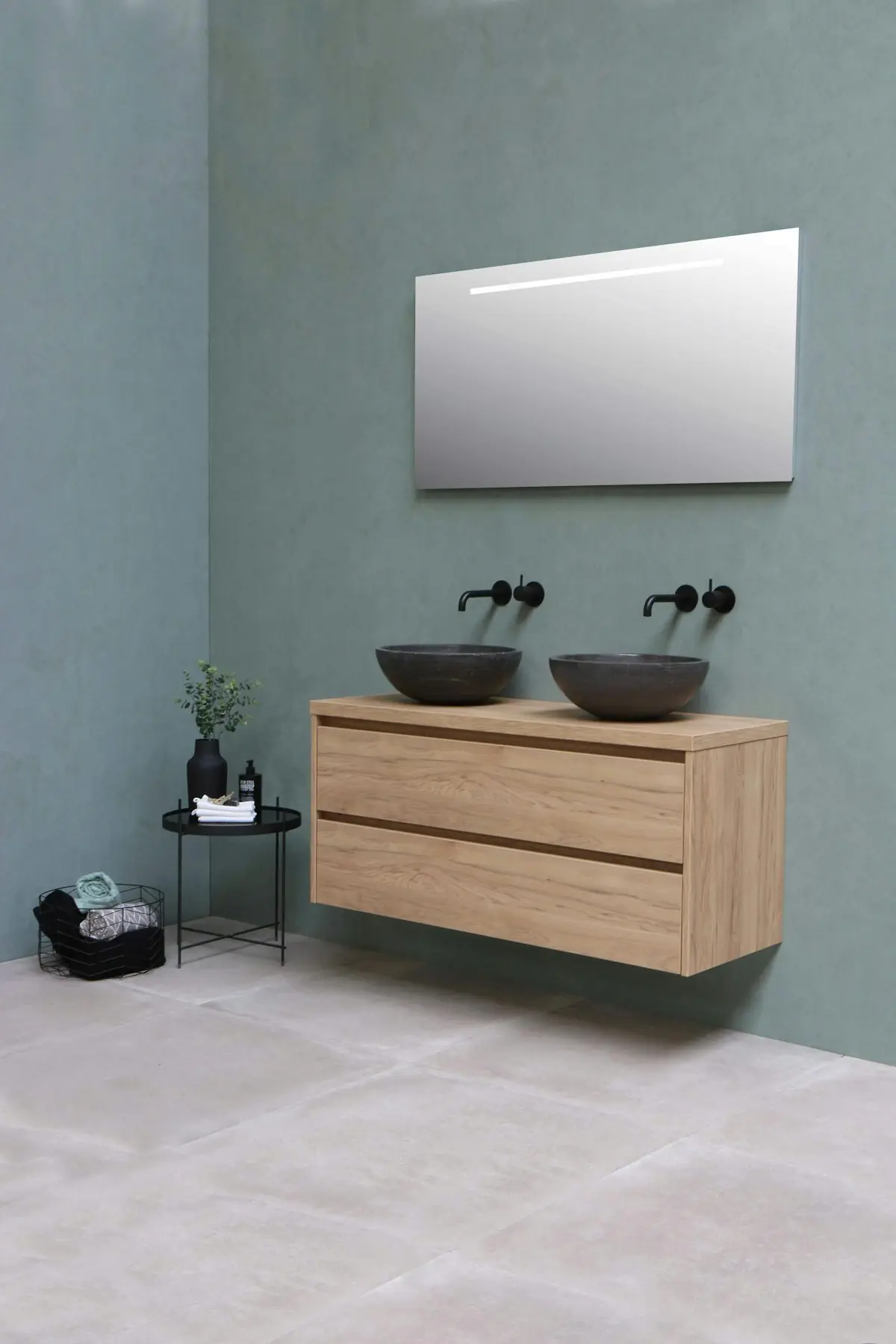 Floating wood vanity with black basins