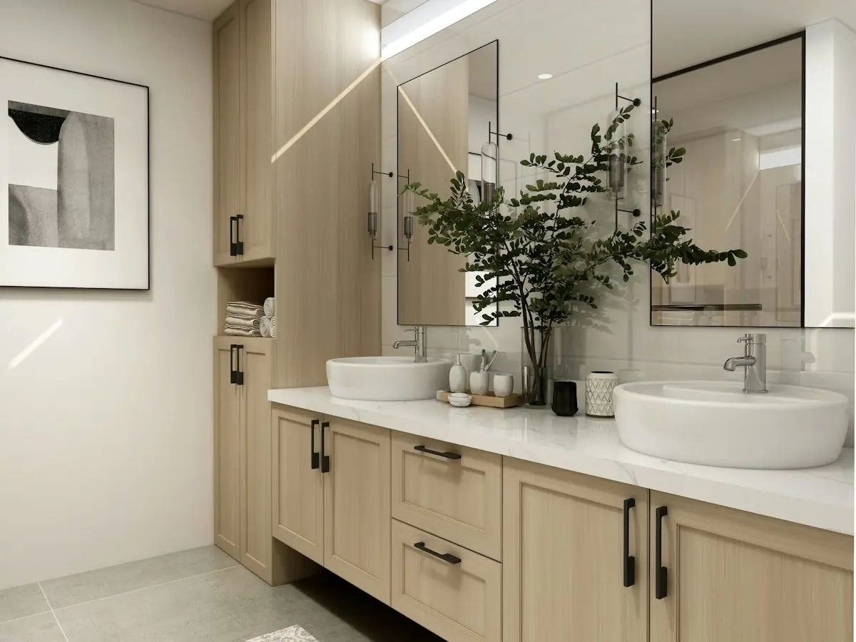 Oak vanity unit with vessel basin from the showroom