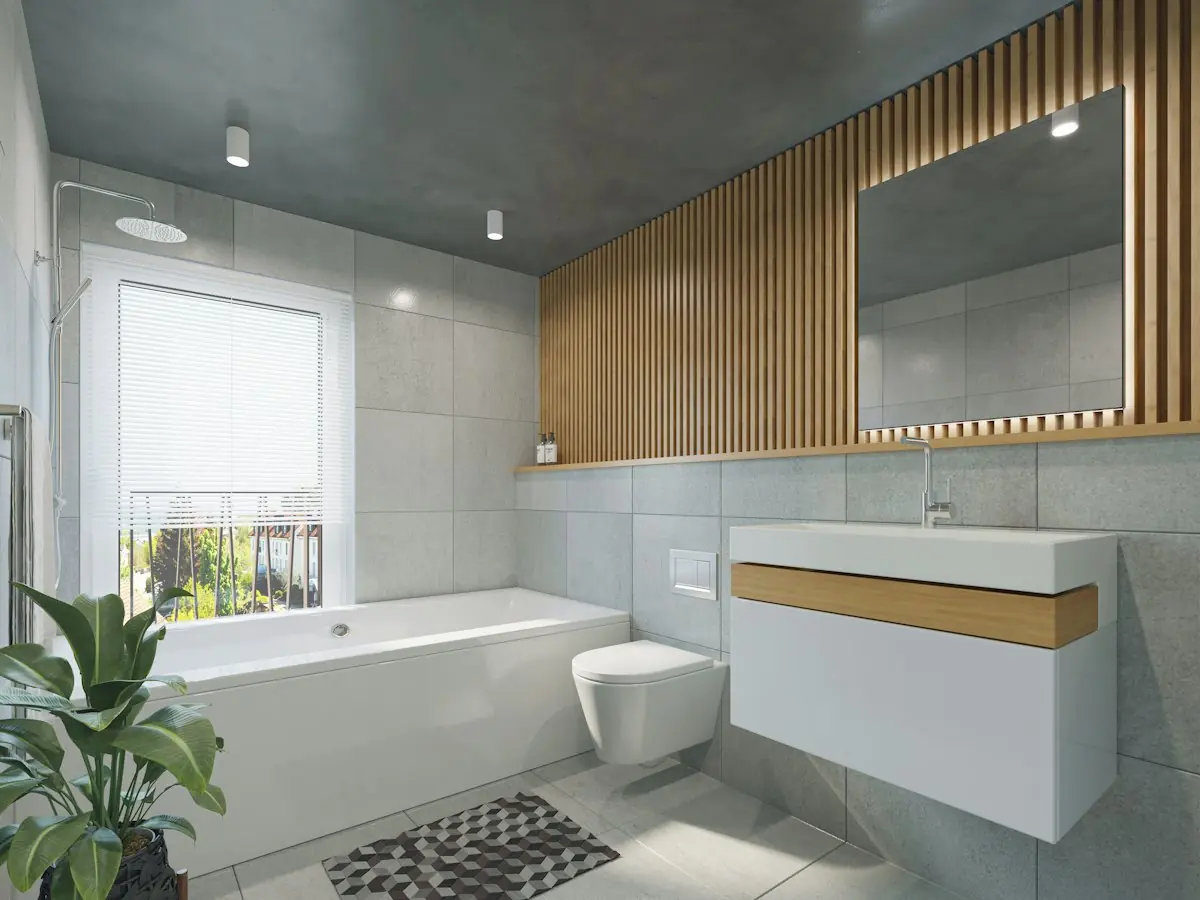 Bathroom with slatted timber feature wall
